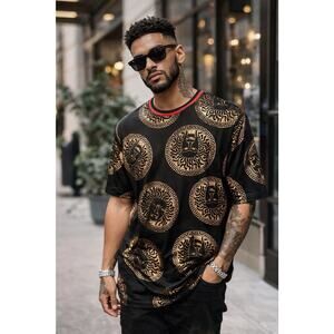 Festival Concert shirt Short Sleeve Metallic Gold Medusa Design Snake charmer
